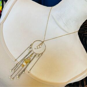 Handcrafted elegant stone dangle fringe medallion pendant on chain necklace